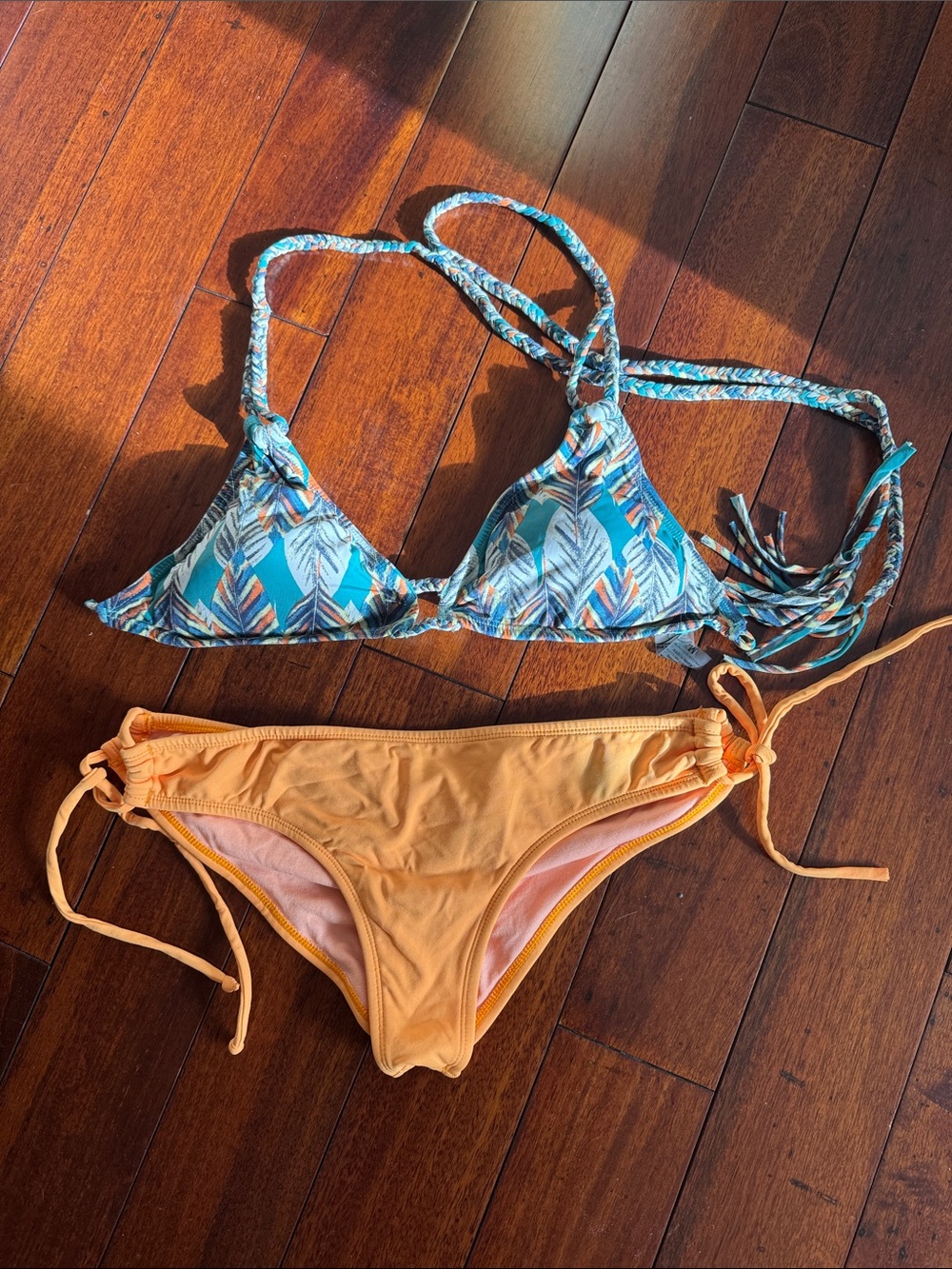 Leaf-Print Teal Triangle Bikini Top with Orange Tie-Side Bottoms